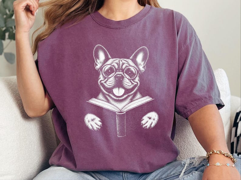 French Bulldog Reading Shirt, Bookish Dog Tee, Frenchie Mom Gift, Dog Lover Book Tee, Vintage French Bulldog Shirt image 1