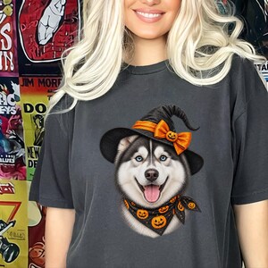 Halloween Husky Shirt, Husky Dog Mom Gift, Spooky Witch Dog Tee, Pet Lover Halloween Shirt image 10