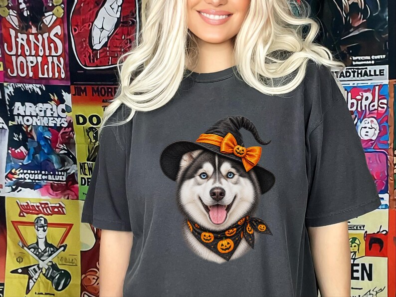 Halloween Husky Shirt, Husky Dog Mom Gift, Spooky Witch Dog Tee, Pet Lover Halloween Shirt image 10