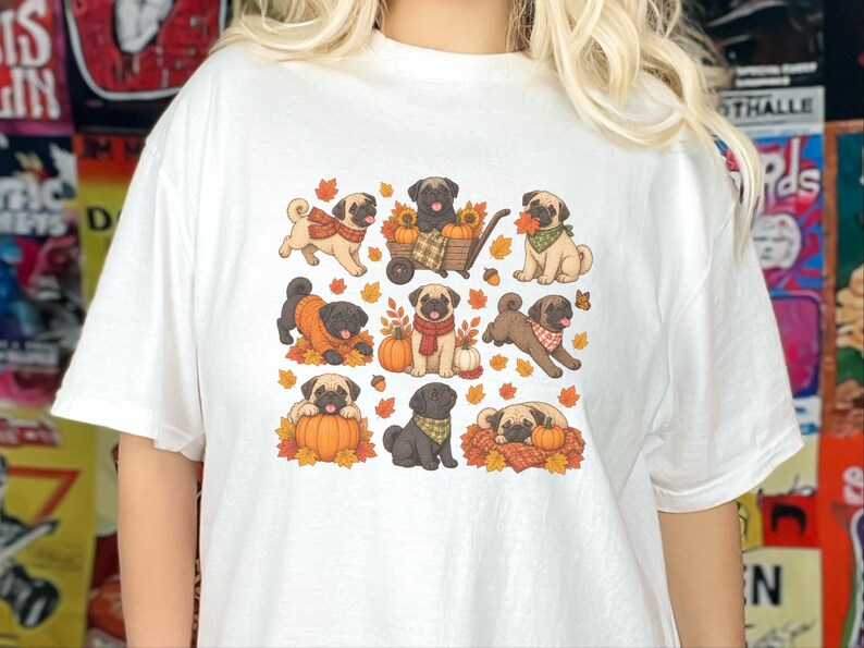 Camiseta de perro pug, regalo para mamá de pug, sudadera de otoño para perros, camiseta para amantes de los pugs, camiseta de calabaza de otoño imagen 7