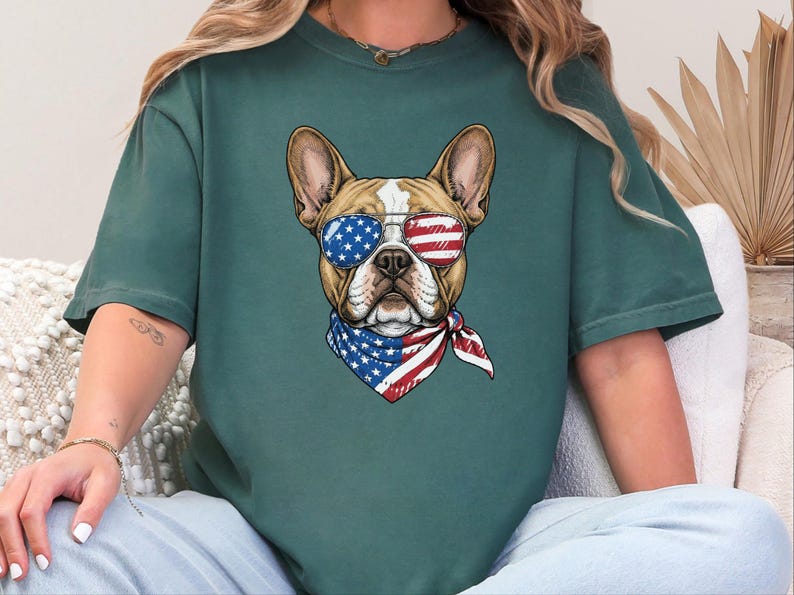 Comfort Colors Patriotic French Bulldog Sunglasses Shirt, Independence Day Anniversary Frenchie Dog Dad Tee, Patriotic Dog Gift immagine 7
