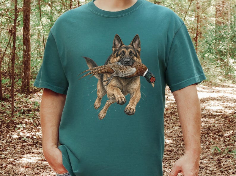 T-shirt met Duitse Herder, cadeau voor fazantenjacht, T-shirt met natuurafbeeldingen, T-shirt voor hondenliefhebbers, cadeau-idee voor jagers, cadeau voor een Duitse Herder afbeelding 10