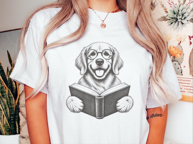 Golden Retriever Reading Shirt, Bookish Dog Lover Gift, Librarian Shirt, Teacher Bookworm Tee image 2