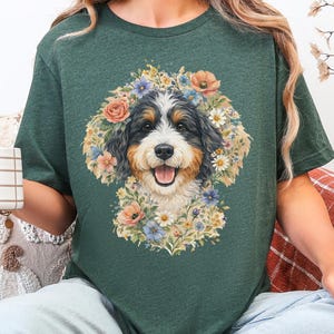 Bernedoodle Tee, Floral Crown Dog Portrait, Custom Pet Art Shirt, Doodle Mama Shirt, Whimsical Animal Print, Pastel Spring Summer Dog Lovers image 6