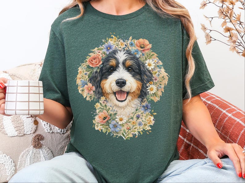 Bernedoodle Tee, Floral Crown Dog Portrait, Custom Pet Art Shirt, Doodle Mama Shirt, Whimsical Animal Print, Pastel Spring Summer Dog Lovers image 6