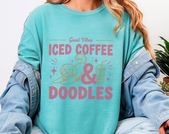 Iced Coffee and Doodles Shirt, Doodle Dog Coffee Tee, Goldendoodle Mom Gift, Labradoodle Lover Gift, Comfort Colors