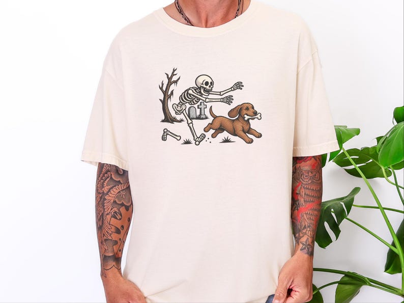 Halloween T-shirt met Teckel, cadeau met skelethond, Halloween T-shirt met Doxie-print, T-shirt met Wienerhond, grappig griezelig Doberman-shirt afbeelding 5
