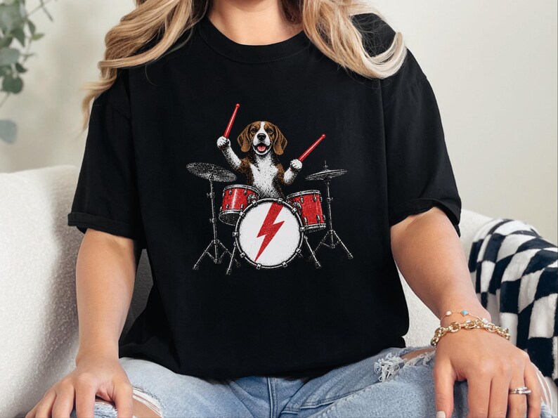Beagle Shirt, Beagle Drummer Gift, Rock Dog Music Lover Tee, Drummer Dad Shirt, Funny Beagle Lover Gift, Retro Rock Band Shirt image 8