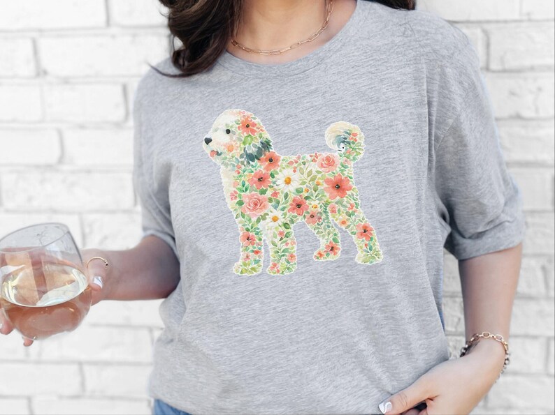 Sheepadoodle T-Shirt, Floral Sheepadoodle Silhouette Art Print, Boho Pet Lover Gift, Whimsical Doodle Art, Dog Mom Present image 6