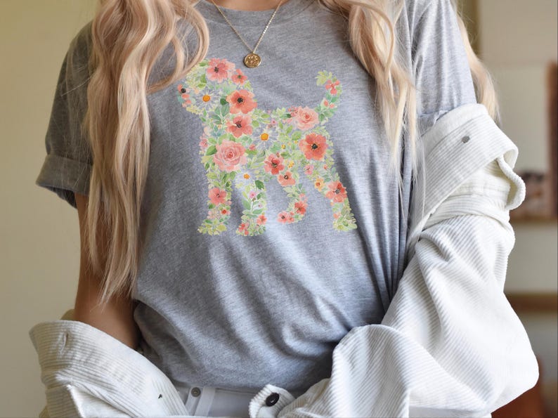 Doodle Dog Gift, Golden Doodle Floral Silhouette Shirt, Modern Pet Portrait Cottagecore Art, Wildflower Dog Mom., Goldendoodle Dog image 1
