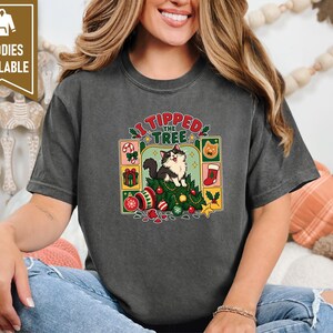 Christmas Cat Shirt, Tuxedo Cat Christmas Gift, Funny Cat Christmas Tree Tee, I Tipped The Tree Holiday Shirt, Cat Mom Shirt Gift image 7