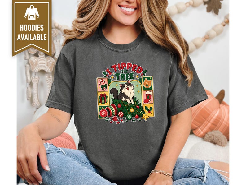 Christmas Cat Shirt, Tuxedo Cat Christmas Gift, Funny Cat Christmas Tree Tee, I Tipped The Tree Holiday Shirt, Cat Mom Shirt Gift image 7