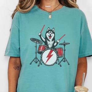 Husky Dog Shirt, Drummer Gift Idea, Rock Dog Shirt, Siberian Husky Gift, Music Lover Tee image 1