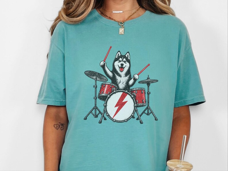 Husky Dog Shirt, Drummer Gift Idea, Rock Dog Shirt, Siberian Husky Gift, Music Lover Tee image 1
