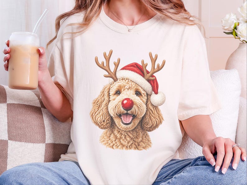 Christmas Goldendoodle Shirt, Goldendoodle Mom Gift, Holiday Dog Sweater, Rudolph Red Nose Doodle Crewneck, Festive Pet Lover Apparel image 4