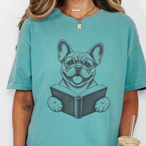 French Bulldog Reading Shirt, Bookish Dog Tee, Frenchie Mom Gift, Dog Lover Book Tee, Vintage French Bulldog Shirt image 6