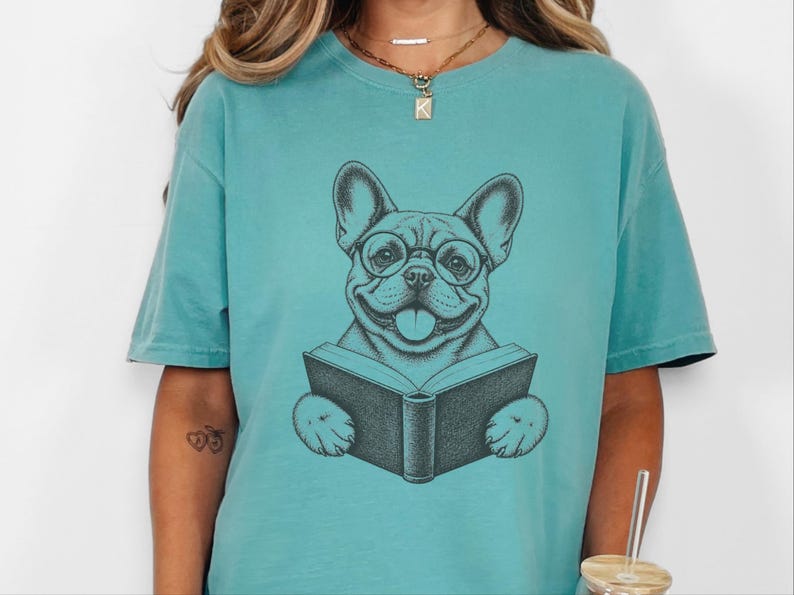 French Bulldog Reading Shirt, Bookish Dog Tee, Frenchie Mom Gift, Dog Lover Book Tee, Vintage French Bulldog Shirt image 6