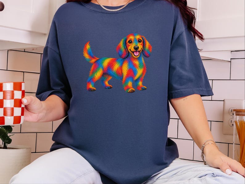 Dachshund Shirt, Rainbow Dog Gift, Colorful Wiener Dog Tee, Doxie Lover Graphic, Sausage Dog Art Shirt, Puppy Owner Present image 1