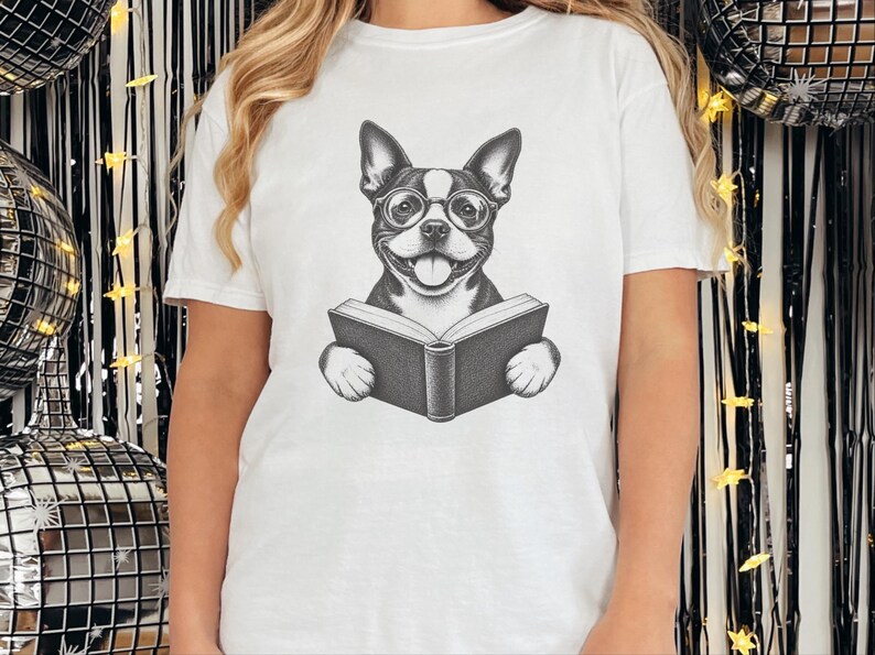 Boston Terrier Reading Book Shirt, Bookish Dog Tee, Boston Terrier Gift, Dog Lover Book Tee, Library Shirt image 3