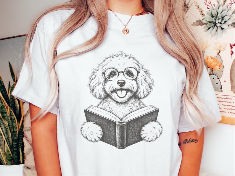 T-shirt met Maltipoo-hond, cadeau voor Maltipoo-moeder, T-shirt voor boekenwurm, T-shirt voor lezende hond, cadeau voor bibliothecaris, T-shirt voor hondenliefhebber met boeken, T-shirt voor boekenwurm afbeelding 9