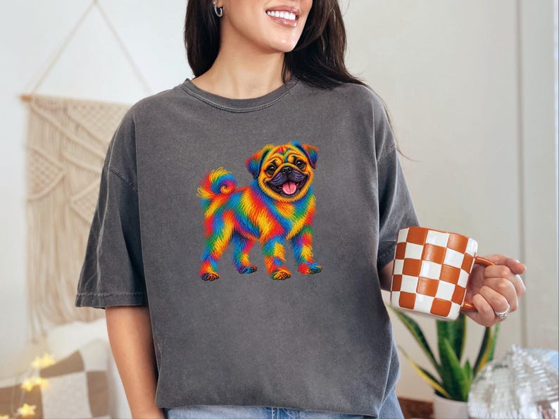 T-shirt pour amoureux des carlins, cadeau avec illustration colorée de chien, t-shirt chiot arc-en-ciel, cadeau pour propriétaire de carlin, t-shirt chien mignon, illustration vibrante d'animaux de compagnie image 10