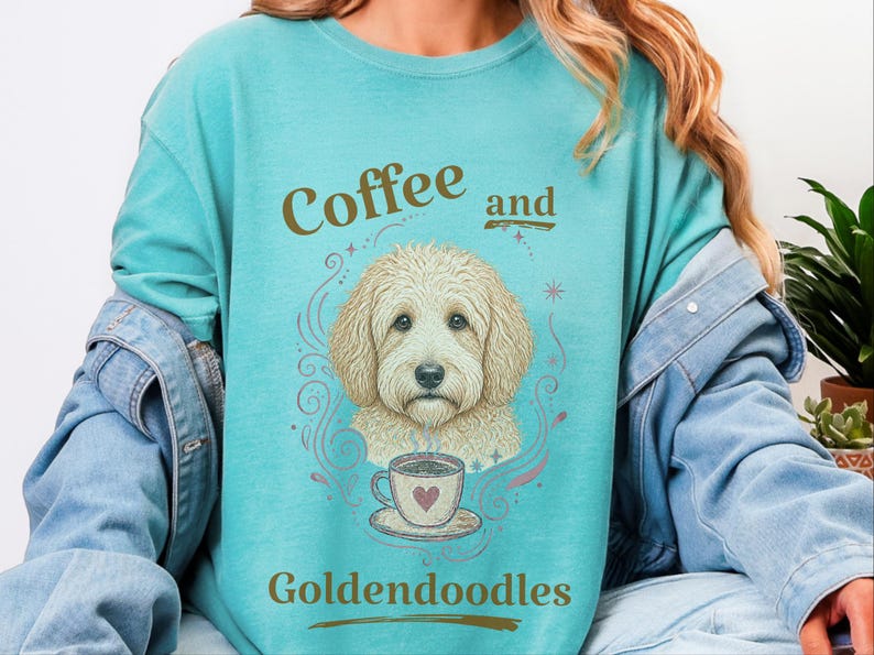 Comfort Colors Coffee Dog Shirt, Goldendoodle Art Tee, Coffee And Goldendoodles Print, Dog Mama Coffee Lover, Whimsical Pet Graphic Tee image 4