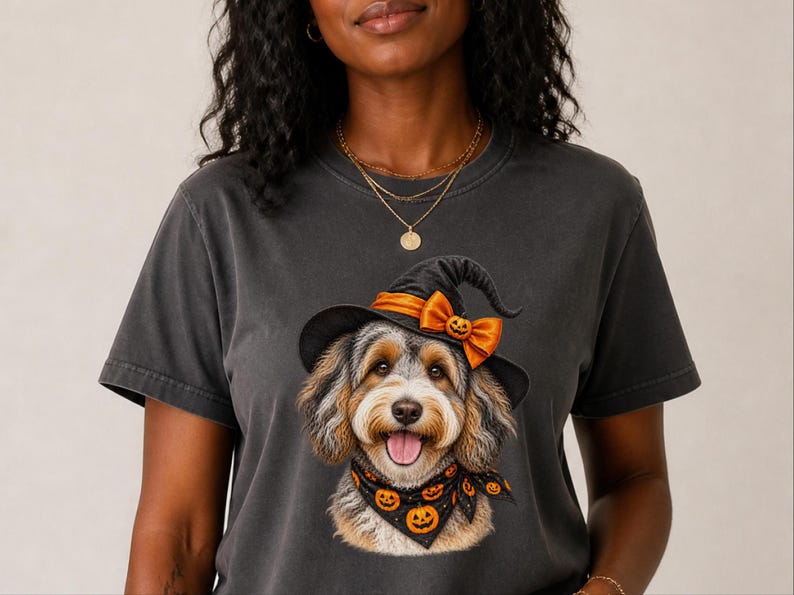 Witch Dog Shirt, Aussiedoodle Shirt, Doodle Mom Halloween Gift, Spooky Dog Lover Tee, Halloween Dog Shirt image 1