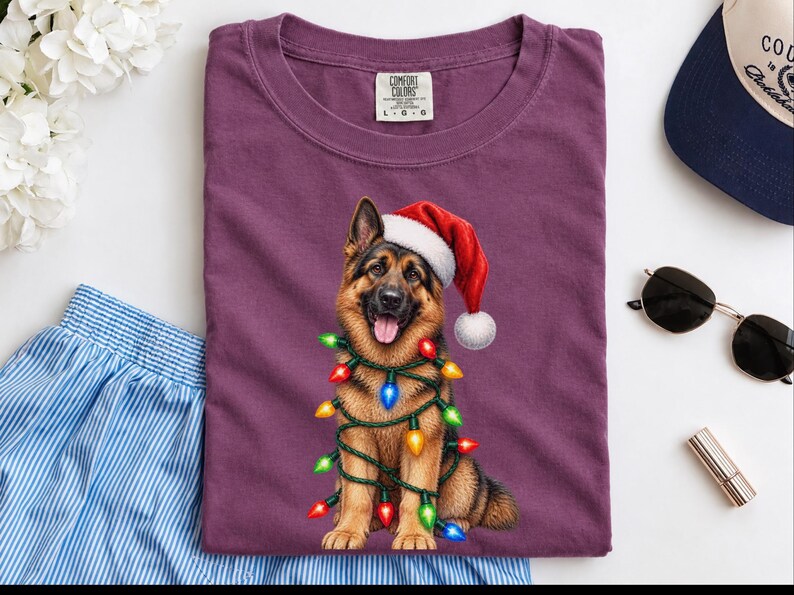 Camiseta navideña de pastor alemán, regalo navideño para perros, sudadera para mamás de pastor alemán, camiseta con luces navideñas, regalo para dueños de perros imagen 2