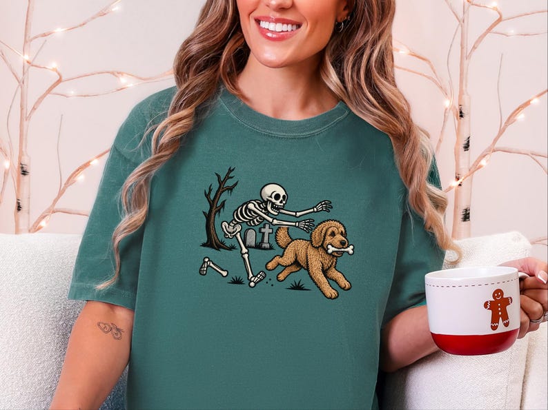 Goldendoodle Dog Shirt, Halloween Goldendoodle Gift, Skeleton Dog Tee, Spooky Dog Lover Shirt, Funny Skeleton Art, Goldendoodle Dad Gift image 10