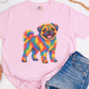 T-shirt pour amoureux des carlins, cadeau avec illustration colorée de chien, t-shirt chiot arc-en-ciel, cadeau pour propriétaire de carlin, t-shirt chien mignon, illustration vibrante d'animaux de compagnie image 3