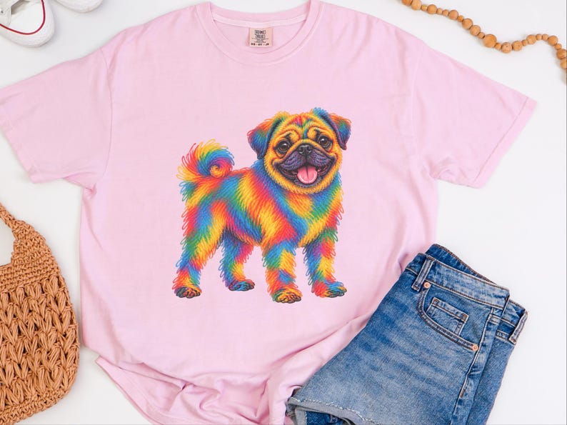 T-shirt pour amoureux des carlins, cadeau avec illustration colorée de chien, t-shirt chiot arc-en-ciel, cadeau pour propriétaire de carlin, t-shirt chien mignon, illustration vibrante d'animaux de compagnie image 3