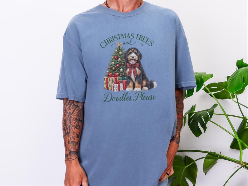 Bernedoodle Christmas Shirt, Christmas Trees And Doodles Please, Bernedoodle Mom Gift, Holiday Dog Lover Tee, Dog Owner Present image 9