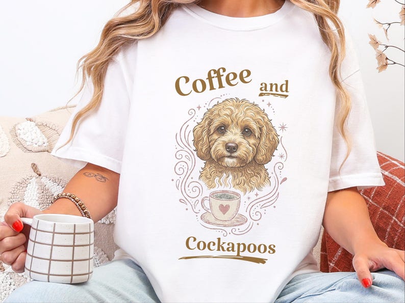 Camiseta Comfort Colors con estampado Cockapoo estilo vintage, ideal para amantes de los perros, con temática de café y Cockapoos. Regalos originales con retratos de mascotas. imagen 5