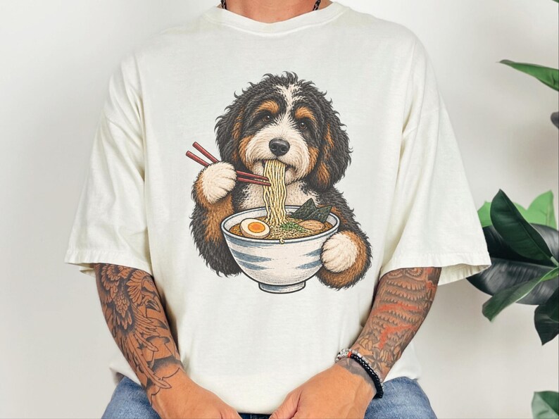 Bernedoodle Ramen T-shirt, cadeau voor ramenliefhebbers, cadeau voor Bernedoodle hondenmoeder, T-shirt met Japans eten, grappig T-shirt met hondenprint afbeelding 5
