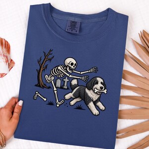 Sheepadoodle Skeleton Shirt, Spooky Dog Gift, Skeleton Dog Tee, Sheepadoodle Halloween Shirt, Funny Skeleton Dog Scene image 2