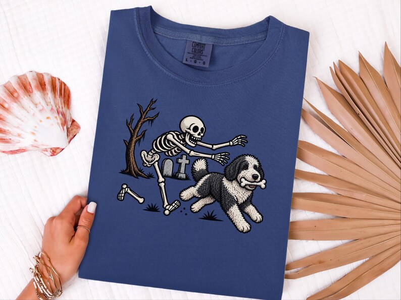 Sheepadoodle Skeleton Shirt, Spooky Dog Gift, Skeleton Dog Tee, Sheepadoodle Halloween Shirt, Funny Skeleton Dog Scene image 2