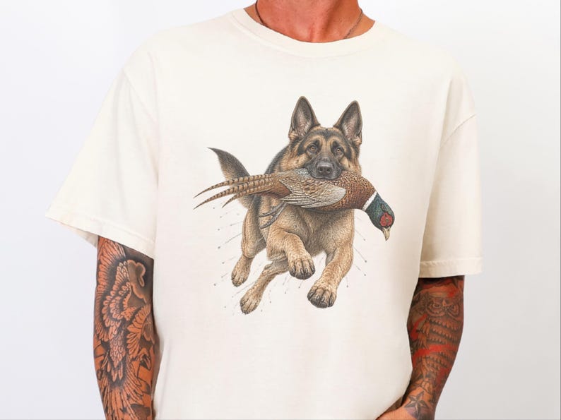 T-shirt met Duitse Herder, cadeau voor fazantenjacht, T-shirt met natuurafbeeldingen, T-shirt voor hondenliefhebbers, cadeau-idee voor jagers, cadeau voor een Duitse Herder afbeelding 8