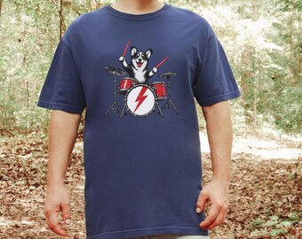Corgi Dad Shirt, Drummer Gift Idea, Rock Dog Shirt, Music Fan Tee, Corgi Playing Drums, Funny Dog Lover Gift, Band Merch Tee