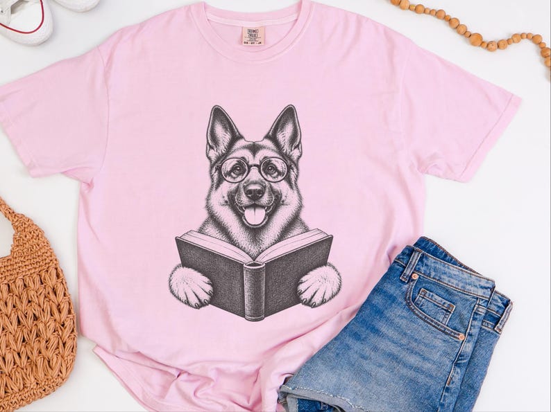 Bookish Dog Tee, German Shepherd Mom Gift, Dog Lover Book Tee, Library Shirt, German Shepherd Dad Gift, Reading Teacher Shirt image 7