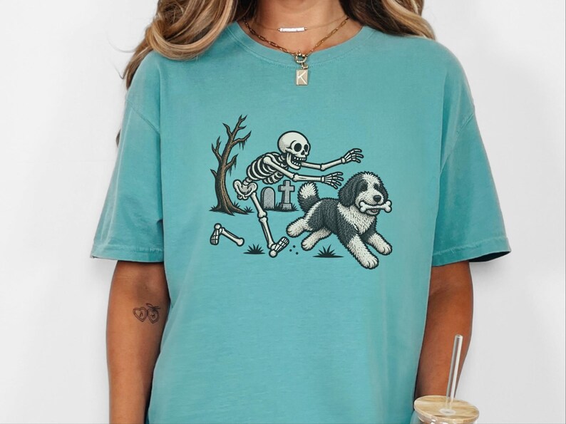 Sheepadoodle Skeleton Shirt, Spooky Dog Gift, Skeleton Dog Tee, Sheepadoodle Halloween Shirt, Funny Skeleton Dog Scene image 4