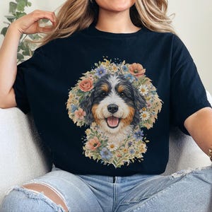 Bernedoodle Tee, Floral Crown Dog Portrait, Custom Pet Art Shirt, Doodle Mama Shirt, Whimsical Animal Print, Pastel Spring Summer Dog Lovers image 1