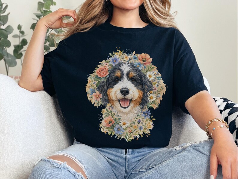 Bernedoodle Tee, Floral Crown Dog Portrait, Custom Pet Art Shirt, Doodle Mama Shirt, Whimsical Animal Print, Pastel Spring Summer Dog Lovers image 1