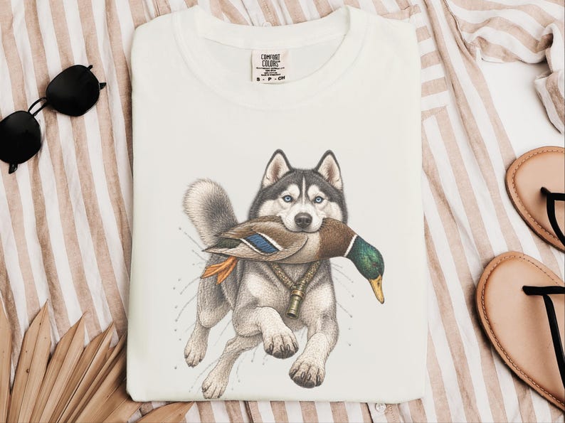T-Shirt mit Siberian Husky-Motiv, Geschenk für Entenjäger, T-Shirt für Wasservogeljäger, Geschenk für Husky-Liebhaber, Entenjagd-Shirt, T-Shirt mit Wildtiermotiven, Geschenk für Naturliebhaber Bild 3