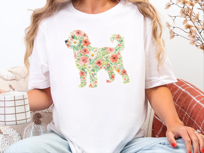 Maglietta con motivo Aussie Doodle, silhouette floreale Australian Doodle, schizzo botanico di cane, regalo per amanti degli animali ad acquerello, design floreale primaverile immagine 6