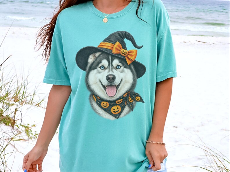 Halloween Husky Shirt, Husky Dog Mom Gift, Spooky Witch Dog Tee, Pet Lover Halloween Shirt image 5