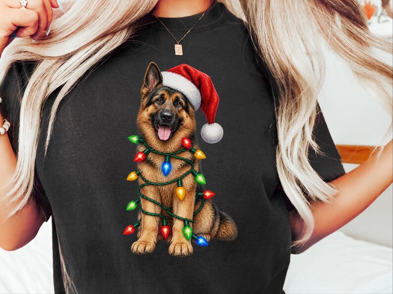 Camiseta navideña de pastor alemán, regalo navideño para perros, sudadera para mamás de pastor alemán, camiseta con luces navideñas, regalo para dueños de perros imagen 9