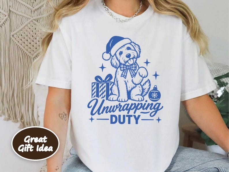 Christmas Goldendoodle Shirt, Goldendoodle Christmas Gift, Dog Mom Holiday Tee, Unwrapping Duty Sweatshirt, Doodle Lover Present image 6