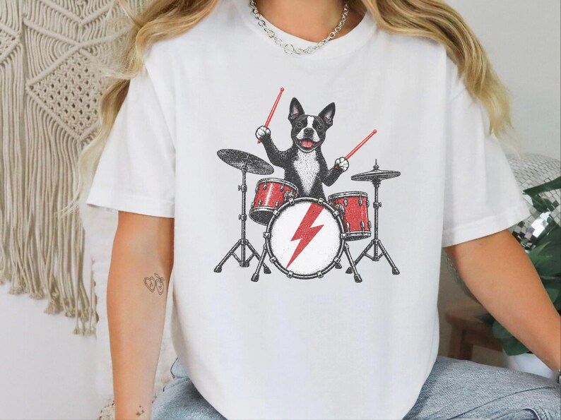 Boston Terrier Shirt, Drummer Gift Idea, Rock Dog Tee, Music Lover Present, Boston Terrier Art, Funny Dog Shirt image 3