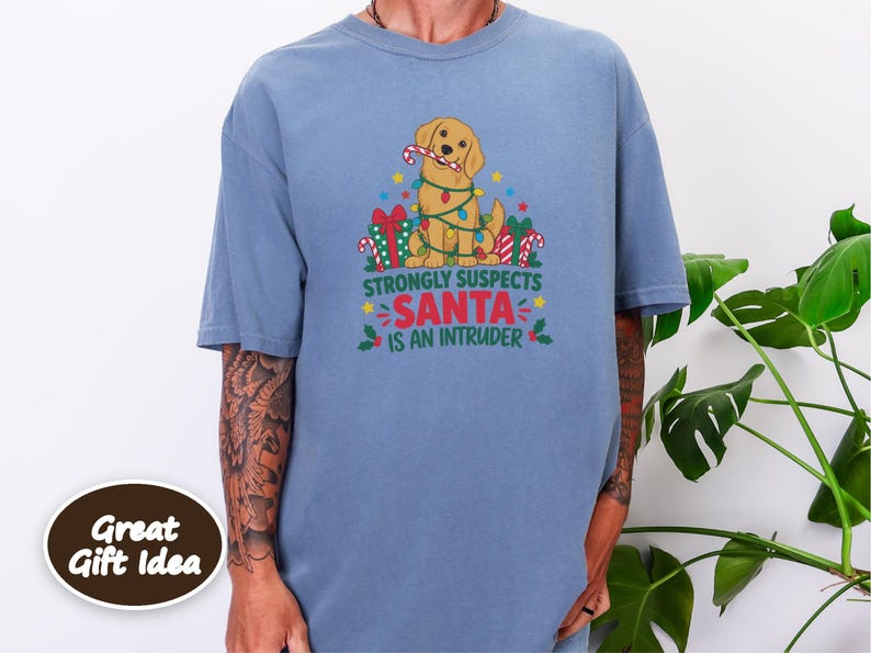 Christmas Dog Shirt, Golden Retriever Christmas Gift, Funny Christmas Dog Tee, Santa Is An Intruder Shirt, Holiday Dog Lover Gift image 6