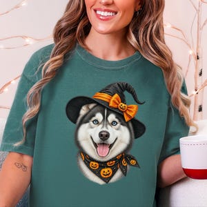 Halloween Husky Shirt, Husky Dog Mom Gift, Spooky Witch Dog Tee, Pet Lover Halloween Shirt image 6